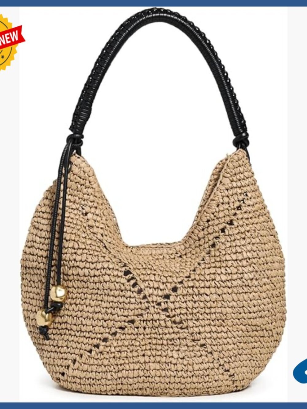 Large Straw Hobo Shoulder Bag with Eyelet Detail and Beaded Tassels